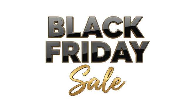 Shiny metallic black friday sale text with golden script isolated on transparent background