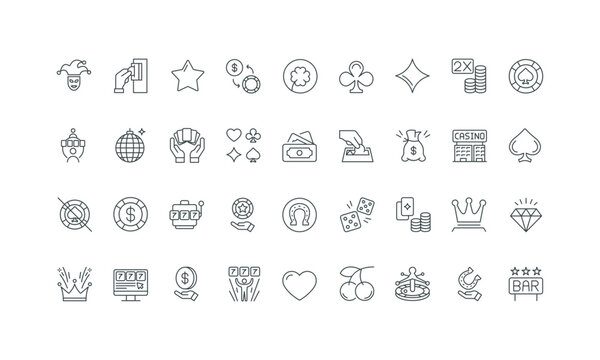 Baccarat and roulette wheel, gamble and bet thin black and red outline symbols vector illustration Casino gambling, card deck and blackjack in poker game, scratch card, jackpot chance line icon set.