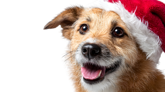 Cute dog wearing a Santa hat posing happily isolated on white background