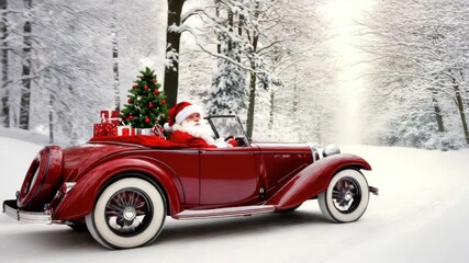 A cheerful Santa enjoys a ride in a red convertible surrounded by a snowy landscape and holiday decorations, spreading joy and excitement