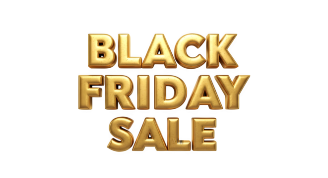 Golden black friday sale text with shiny metallic letters isolated on transparent background