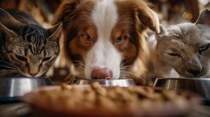 A dog and two cats eating from metal bowls filled with dry food on a wooden surface indoors