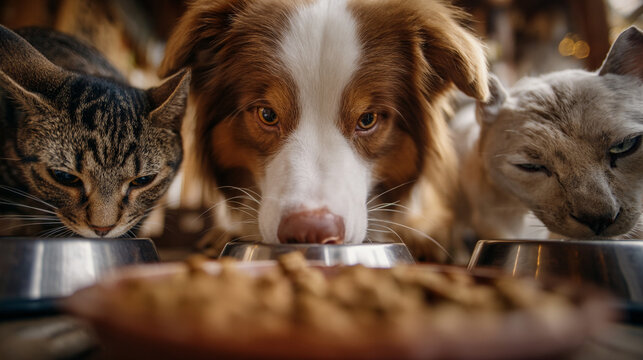 A dog and two cats eating from metal bowls filled with dry food on a wooden surface indoors - Powered by Adobe