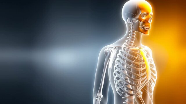 Glowing Anatomical Skeleton Illustration Detailed Human Skeletal Structure Highlighting Ribcage, Spine, and Skull with Gradient Background Effects