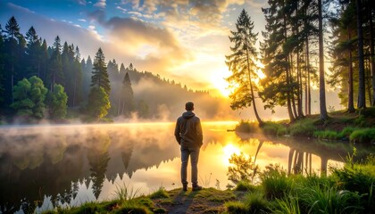 Man Standing by Misty Lake at Sunrise.