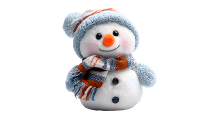 Cute snowman plush toy wearing a small scarf isolated on white background