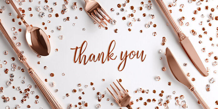 Elegant Rose Gold Table Setting with Thank You Message and Sparkling Confetti for Festive Celebrations and Gratitude