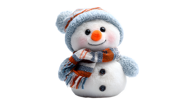 Cute snowman plush toy wearing a small scarf isolated on white background