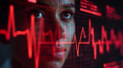 An intricate red heartbeat graph displays vital signs in a medical setting. The graph emphasizes the importance of monitoring heart health and vital signs in patient care.