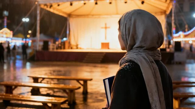 A woman stands alone in a lively square at night, holding a book and taking in the festive atmosphere surrounded by lights