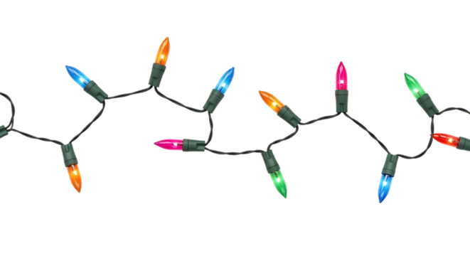 Colorful christmas lights string isolated on transparent background