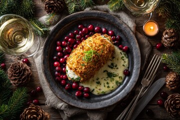 Chicken Kiev served with roasted chicken cutlet filled with butter, bright cranberries, cozy wine setting. Concept of festive dining experience, warm atmosphere, rustic elegance.