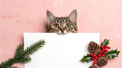 Adorable tabby cat peeking over a blank white sign with festive christmas decorations and pine branches