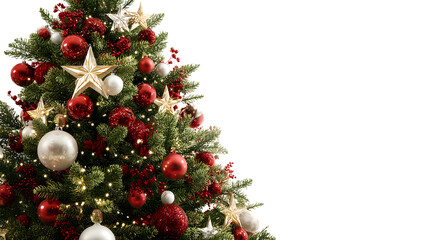 Decorated Christmas tree with ornaments and star topper isolated on white background