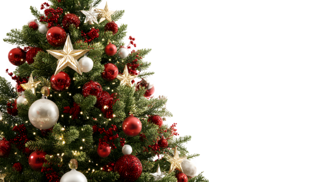 Decorated Christmas tree with ornaments and star topper isolated on white background