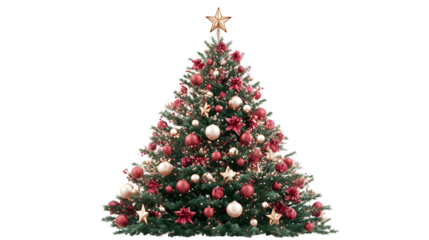 Decorated Christmas tree with ornaments and star topper isolated on white background