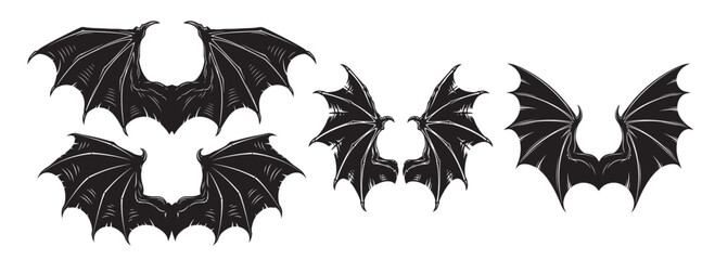 Demonic and Devil Wings Vector Set Detailed Illustrations of Evil, Bat, and Vampire Wing Silhouettes. © radabalamandala