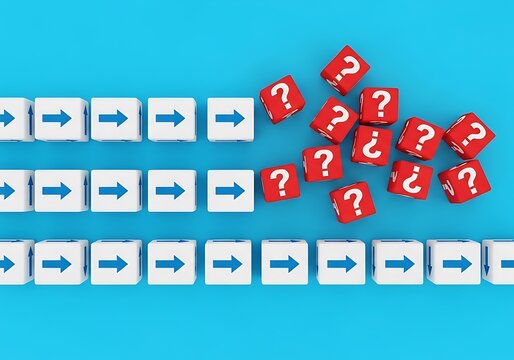 Rows of white cubes with blue arrows pointing right, contrasted with red cubes with question marks, symbolizing a choice or uncertainty - Powered by Adobe