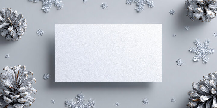 Blank white card mockup with silver glitter snowflakes and pine cones on gray background Concept of winter holidays, christmas, new year greeting card, invitation, and stationery