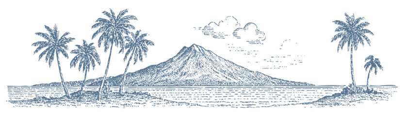 Tropical island scene with palm trees, mountain, and ocean. Vintage woodcut linocut engraving style vector illustration. © RetroVector