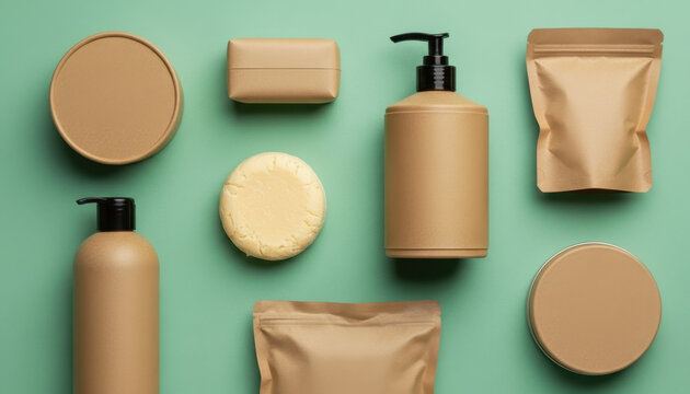 Eco-Friendly Packaging  A flat lay of products in compostable, minimalist packaging  solid shampoo bars, cardboard containers