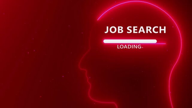 Neon outline of a human head profile with the words JOBSEARCH and a loading bar inside against a dark red background with particles