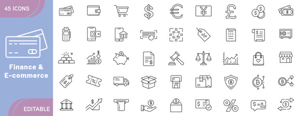 Finance and E-commerce Icons – Money, Banking, Shopping, Payment, Online Store, Cryptocurrency, Business, Transaction, and Digital Economy Symbols