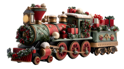 Decorative holiday train filled with gifts and wreath details isolated on white background
