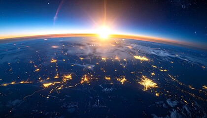 Earth view from space, a glowing sunrise illuminates city lights and the atmosphere