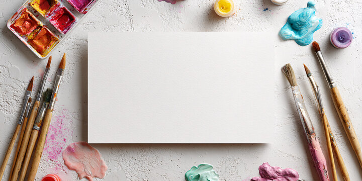 Blank white canvas surrounded by colorful watercolor paints and paintbrushes on textured surface Concept of artistic creativity, painting, and art supplies