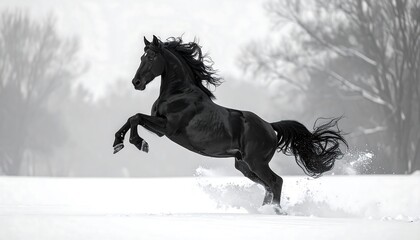 Black Horse in Winter Landscape.