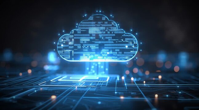 A cloud computing technology concept illustrates the delivery of computing services over the internet, enabling flexible resources, scalable solutions, enhanced collaboration for users and businesses.