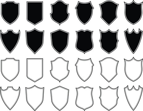 Set of Badge templates in vintage style. Black patch silhouettes. Police badge, shield, labels. Isolated on white background	
