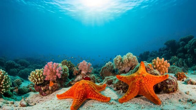 Two vibrant orange starfish rest on a sandy seabed surrounded by colorful coral reefs small fish in the clear blue ocean water sunlight filtering above
