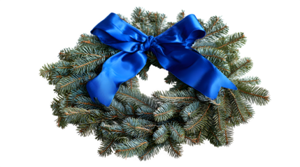 Decorative wreath made of evergreen branches and blue silk bow isolated on white background