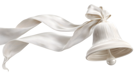 Delicate white bell ornament with flowing satin ribbon isolated on white background