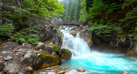 Pristine turquoise river flowing through rocky forest terrain with a wooden bridge above the cascading waterfall creating a breathtaking natural landscape scenery.