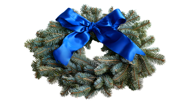 Decorative wreath made of evergreen branches and blue silk bow isolated on white background