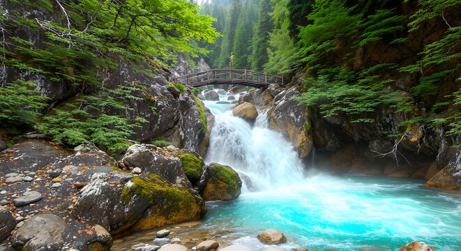 Pristine turquoise river flowing through rocky forest terrain with a wooden bridge above the cascading waterfall creating a breathtaking natural landscape scenery.