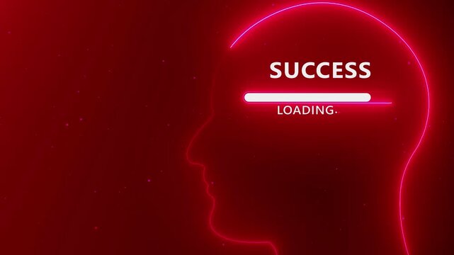 Neon outline of a human head profile with the words SUCES and a loading bar inside against a dark red background with particles
