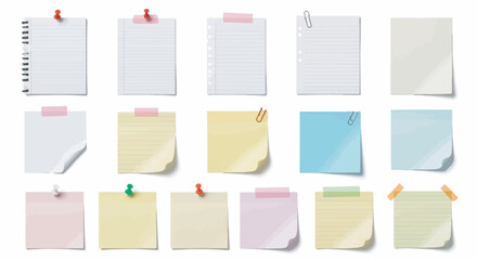 Set of blank sticky notes, various paper sheets, and reminder templates isolated on white.