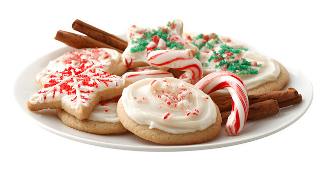 Delicious plate of Christmas cookies with frosting, candy canes, and cinnamon sticks arranged beautifully isolated on white background