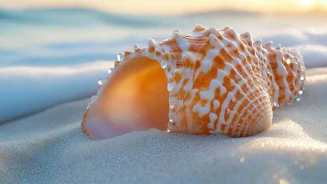Close-up of a seashell on sandy beach at sunset
