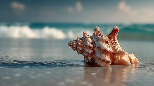 Close-up of a seashell on a tranquil beach shore