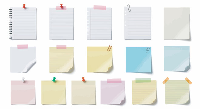 Set of blank sticky notes, various paper sheets, and reminder templates isolated on white.