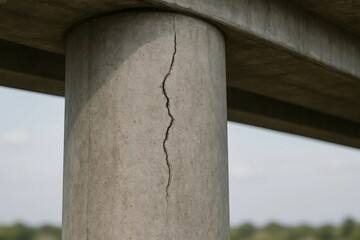 Cracked Concrete Bridge Pillar Showing Structural Deterioration