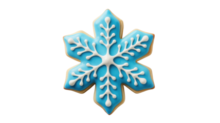 A beautifully decorated snowflake shaped sugar cookie with intricate icing details isolated on transparent background