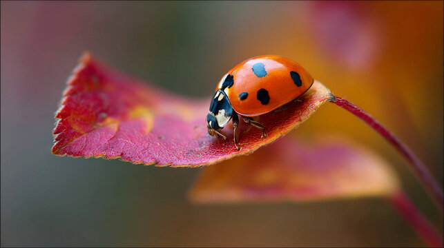 Ladybug resting on a curled autumn leaf in warm natural sunlight