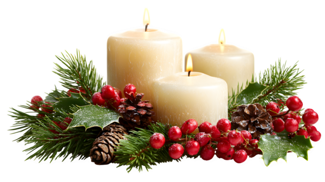 Elegant Christmas candles surrounded by pine and berries isolated on white background