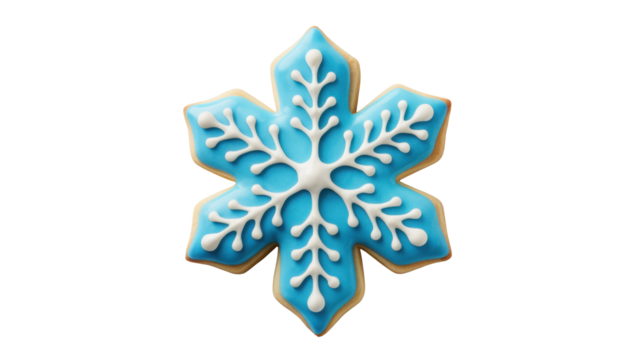 A beautifully decorated snowflake shaped sugar cookie with intricate icing details isolated on transparent background